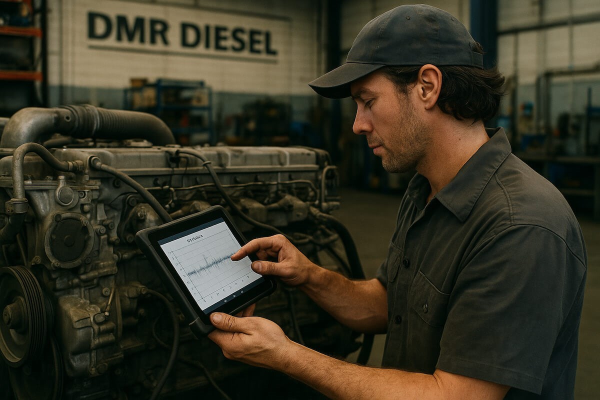 mechanic diagnosing diesel engine vibration problem at DMR Diesel Sherwood Park Alberta