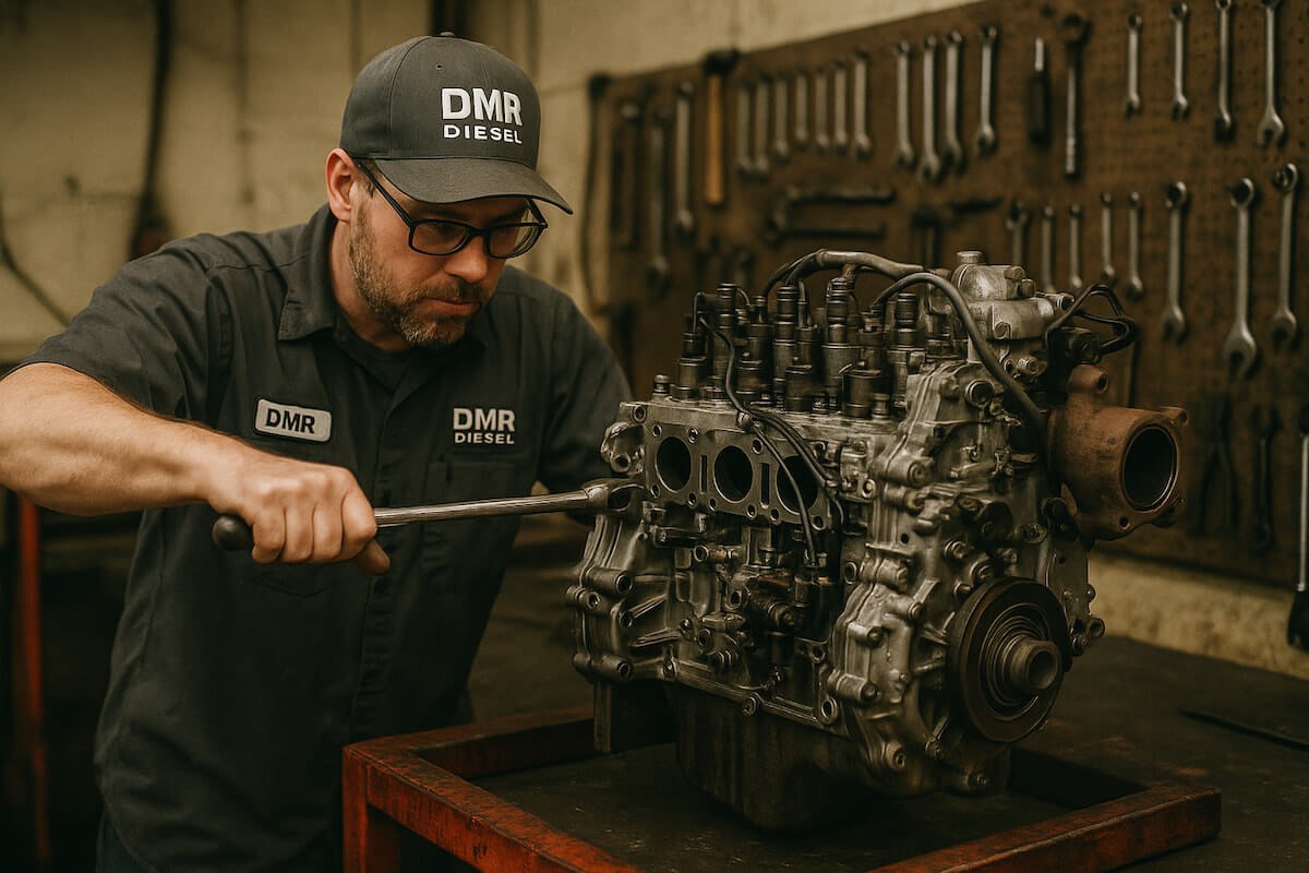 diesel engine rebuild in progress by certified technician at DMR Diesel Alberta shop