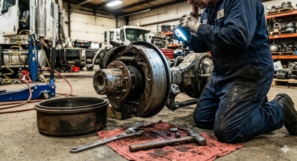 mechanic diagnosing trailer brake problems on a heavy-duty trailer axle Suggested file name: