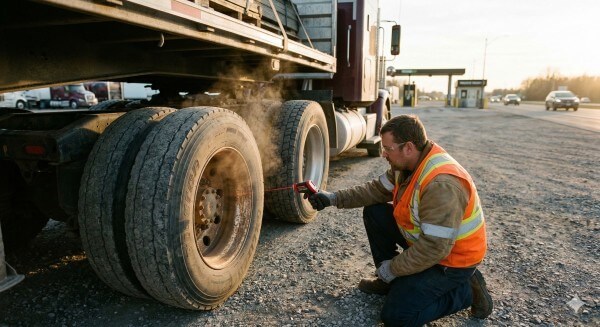 technician checking wheel hub temperature to detect trailer brake problems early