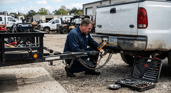 Technician troubleshooting trailer electrical systems with a multimeter