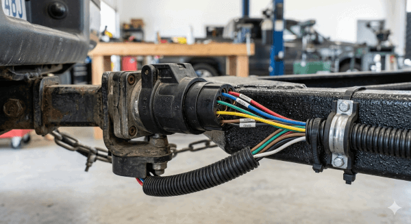 7-pin connector and wiring harness used in trailer electrical systems for lights and brakes