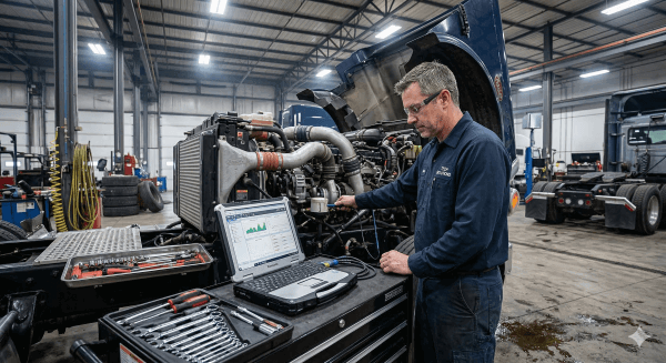 technician performing preventive maintenance supported by fleet maintenance tracking data