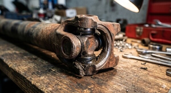 Worn driveline component repairs inspection showing damaged U-joint and failed seal from heavy use